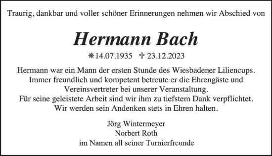 Traueranzeige von Hermann Bach von Wiesbadener Kurier