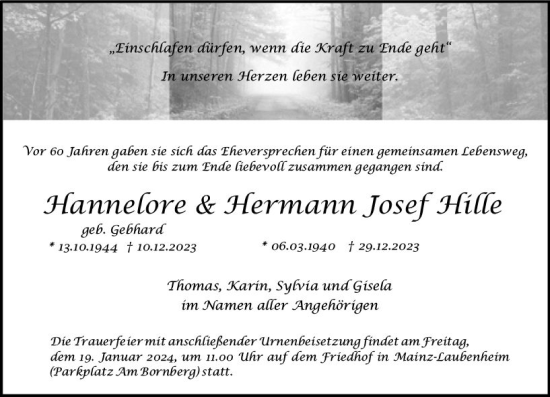 Traueranzeige von Hermann Josef Hille von Allgemeine Zeitung Mainz