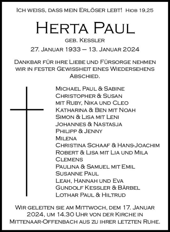 Traueranzeige von Herta Paul von Dill Block