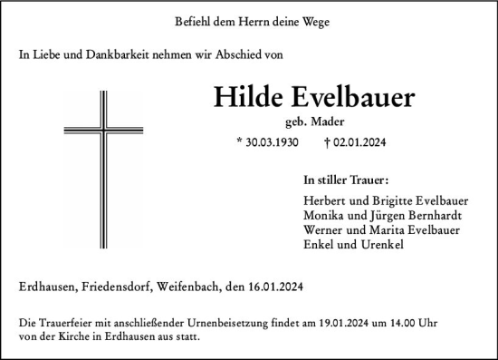 Traueranzeige von Hilde Evelbauer von Hinterländer Anzeiger