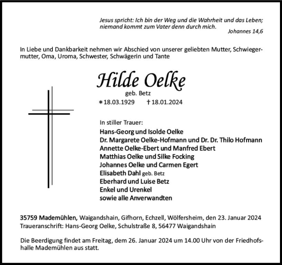 Traueranzeige von Hilde Oelke von Dill Block