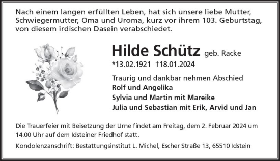 Traueranzeige von Hilde Schütz von Idsteiner Land/Untertaunus