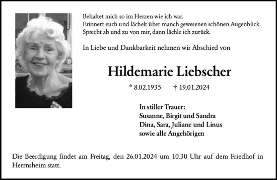 Traueranzeige von Hildemarie Liebscher von Wormser Zeitung