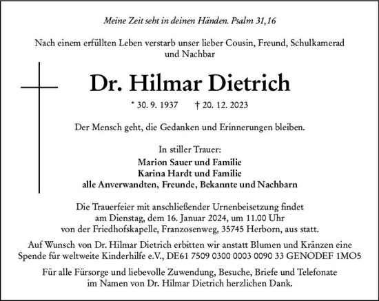 Traueranzeige von Hilmar Dietrich von Dill Block