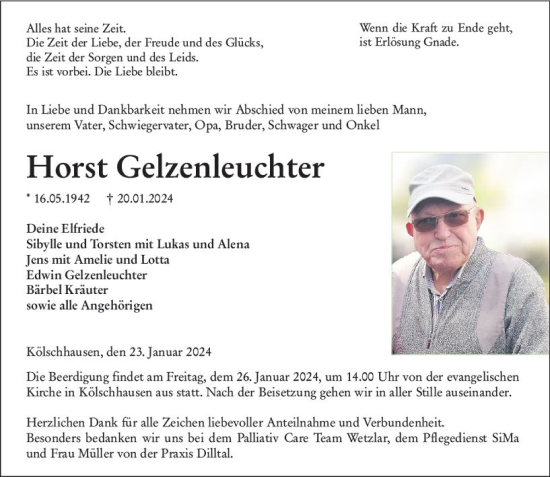 Traueranzeige von Horst Gelzenleuchter von Wetzlarer Neue Zeitung