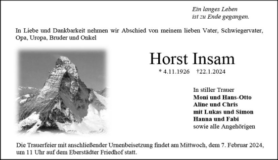 Traueranzeige von Horst Insam von Darmstädter Echo