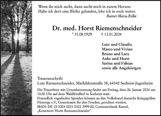 Traueranzeige von Horst Riemenschneider von Darmstädter Echo