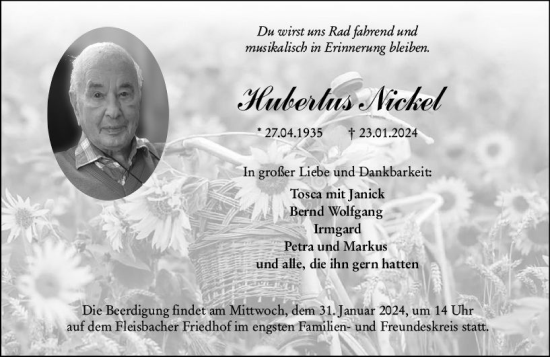 Traueranzeige von Hubertus Nickel von Dill Block