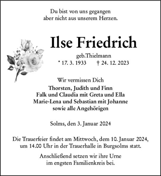 Traueranzeige von Ilse Friedrich von Wetzlarer Neue Zeitung