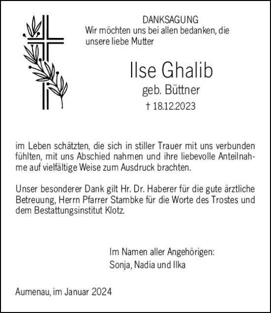 Traueranzeige von Ilse Ghalib von Weilburger Tageblatt