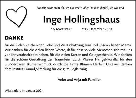 Traueranzeige von Inge Hollingshaus von Nassauische Neue Presse