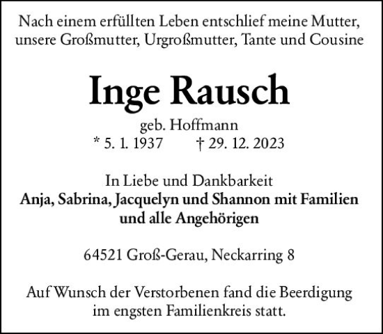 Traueranzeige von Inge Rausch von Groß-Gerauer Echo