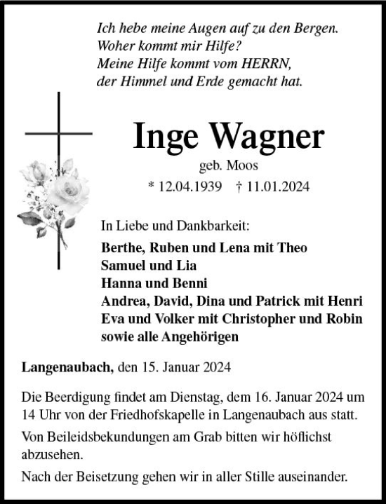 Traueranzeige von Inge Wagner von Dill Block