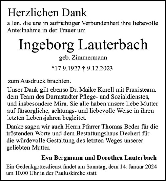 Traueranzeige von Ingeborg Lauterbach von Darmstädter Echo