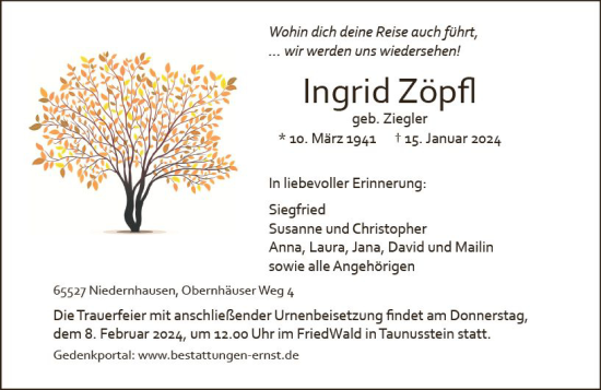 Traueranzeige von Ingrid Zöpfl von Wiesbadener Kurier