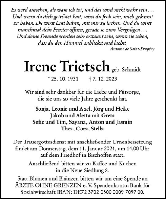 Traueranzeige von Irene Trietsch von Dill Block