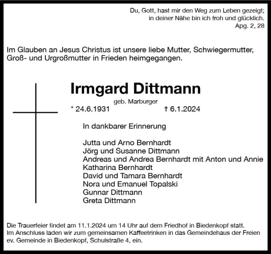 Traueranzeige von Irmgard Dittmann von Hinterländer Anzeiger