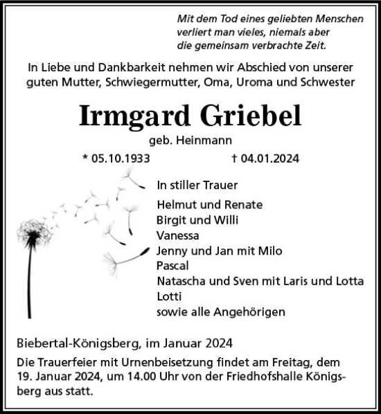 Traueranzeige von Irmgard Griebel von Wetzlarer Neue Zeitung