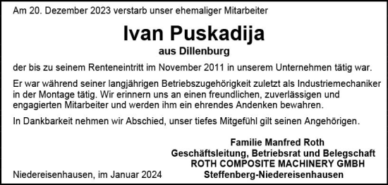 Traueranzeige von Ivan Puskadija von Hinterländer Anzeiger