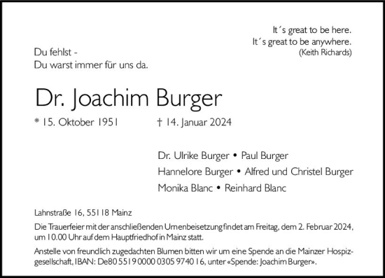 Traueranzeige von Joachim Burger von Allgemeine Zeitung Mainz