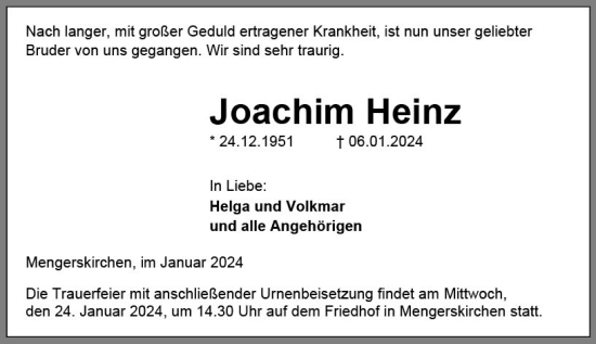 Traueranzeige von Joachim Heinz von Weilburger Tageblatt