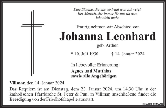 Traueranzeige von Johanna Leonhard von Nassauische Neue Presse