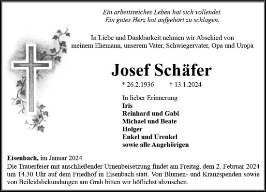Traueranzeige von Josef Schäfer von Camberger Anzeiger