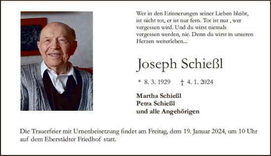 Traueranzeige von Joseph Schießl von Darmstädter Echo