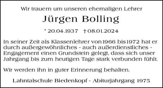 Traueranzeige von Jürgen Bolling von Hinterländer Anzeiger