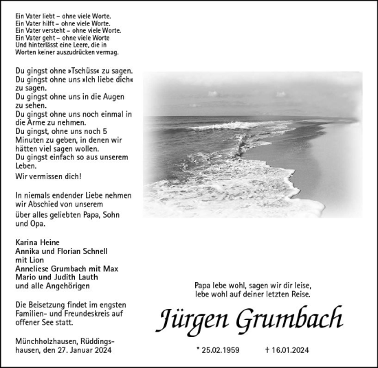 Traueranzeige von Jürgen Grumbach von Wetzlarer Neue Zeitung