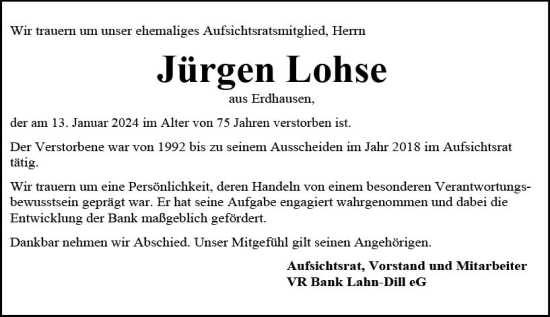 Traueranzeige von Jürgen Lohse von Hinterländer Anzeiger