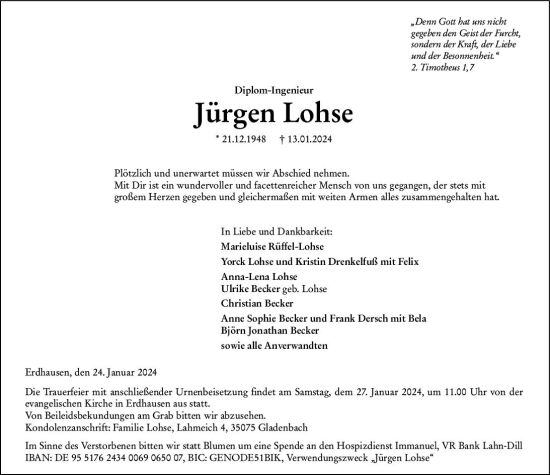 Traueranzeige von Jürgen Lohse von Hinterländer Anzeiger