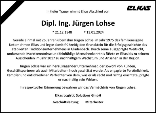 Traueranzeige von Jürgen Lohse von Hinterländer Anzeiger