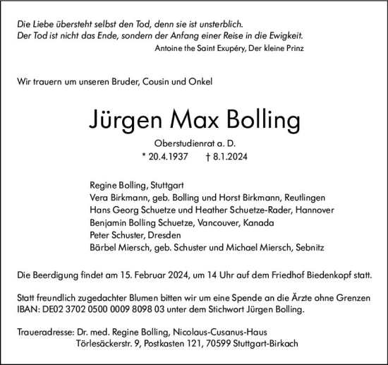 Traueranzeige von Jürgen Max Bolling von Hinterländer Anzeiger