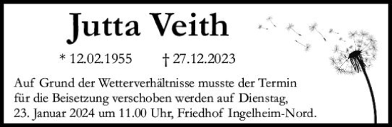 Traueranzeige von Jutta Veith von Allgemeine Zeitung Bingen/Ingelheim