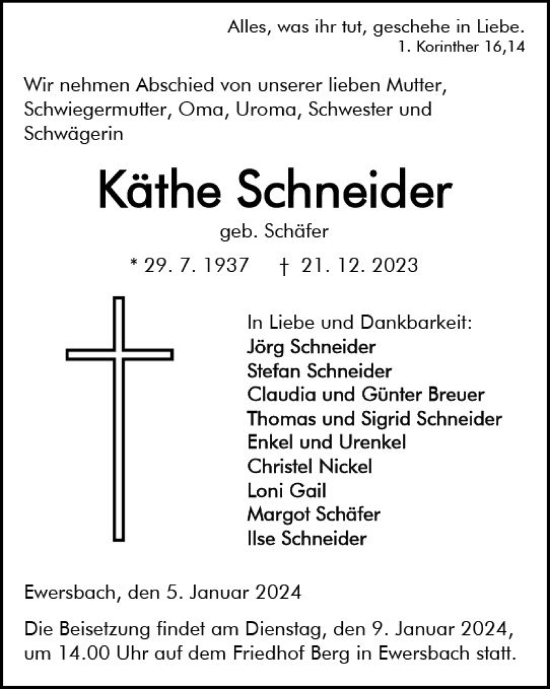 Traueranzeige von Käthe Schneider von Dill Block