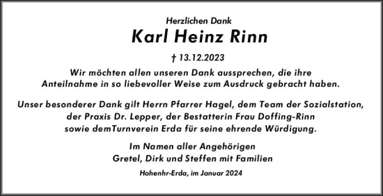Traueranzeige von Kar Heinz Rinn von Wetzlarer Neue Zeitung