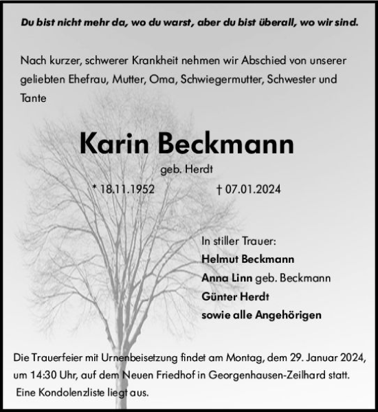 Traueranzeige von Karin Beckmann von Darmstädter Echo