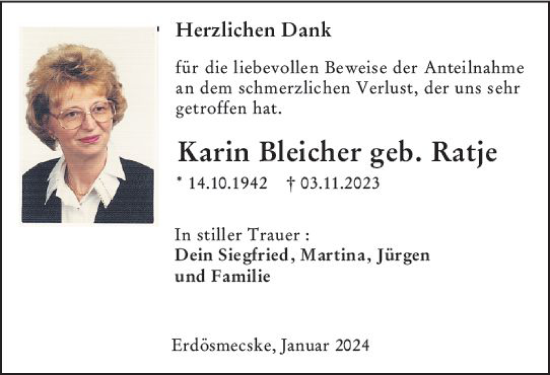 Traueranzeige von Karin Bleicher von Dill Block