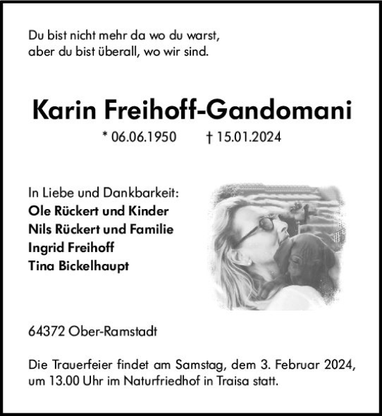 Traueranzeige von Karin Freihoff-Gandomani von Darmstädter Echo
