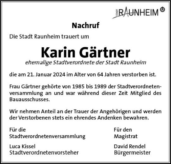 Traueranzeige von Karin Gärtner von Rüsselsheimer Echo