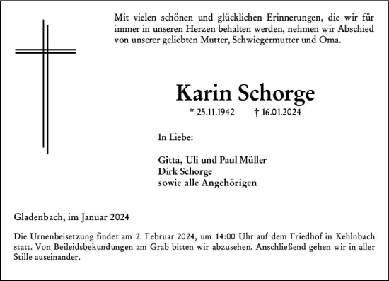 Traueranzeige von Karin Schorge von Hinterländer Anzeiger