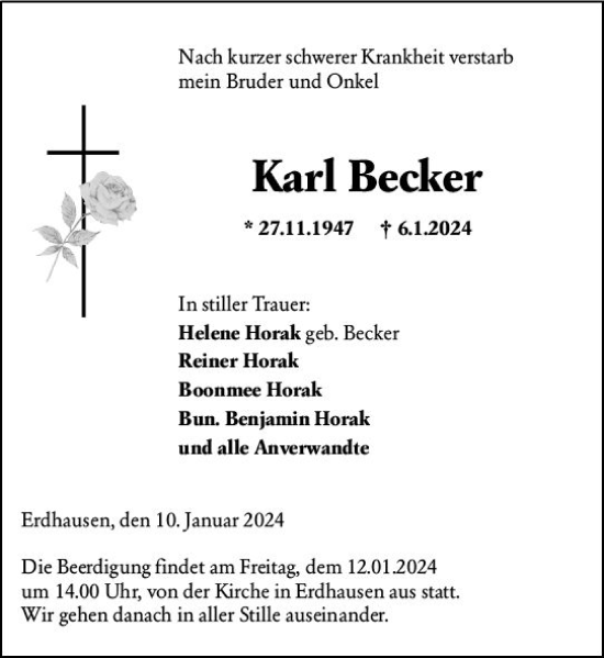 Traueranzeige von Karl Becker von Hinterländer Anzeiger