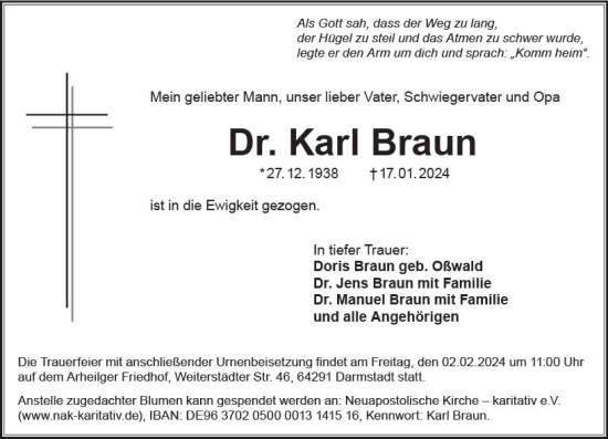 Traueranzeige von Karl Braun von Darmstädter Echo