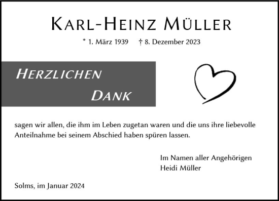 Traueranzeige von Karl-Heinz Müller von Wetzlarer Neue Zeitung
