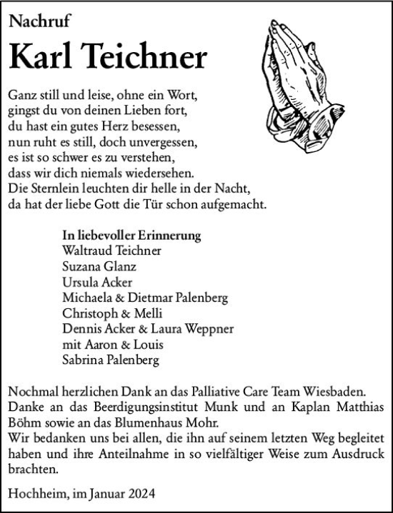 Traueranzeige von Karl Teichner von Hochheimer Zeitung