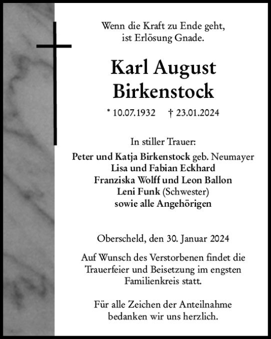 Traueranzeige von Karl August Birkenstock von Dill Block