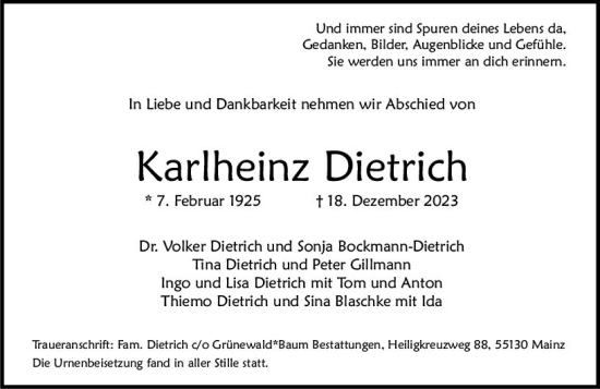 Traueranzeige von Karlheinz Dietrich von Allgemeine Zeitung Mainz