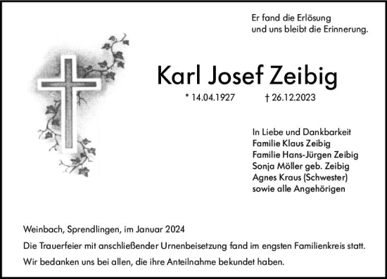 Traueranzeige von Karl Josef Zeibig von Weilburger Tageblatt