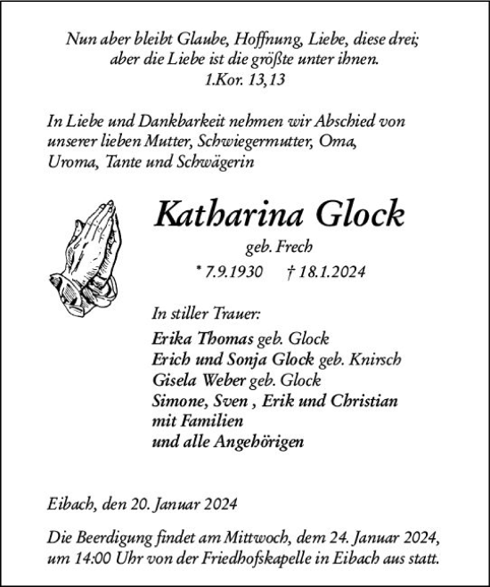 Traueranzeige von Katharina Glück von Dill Block